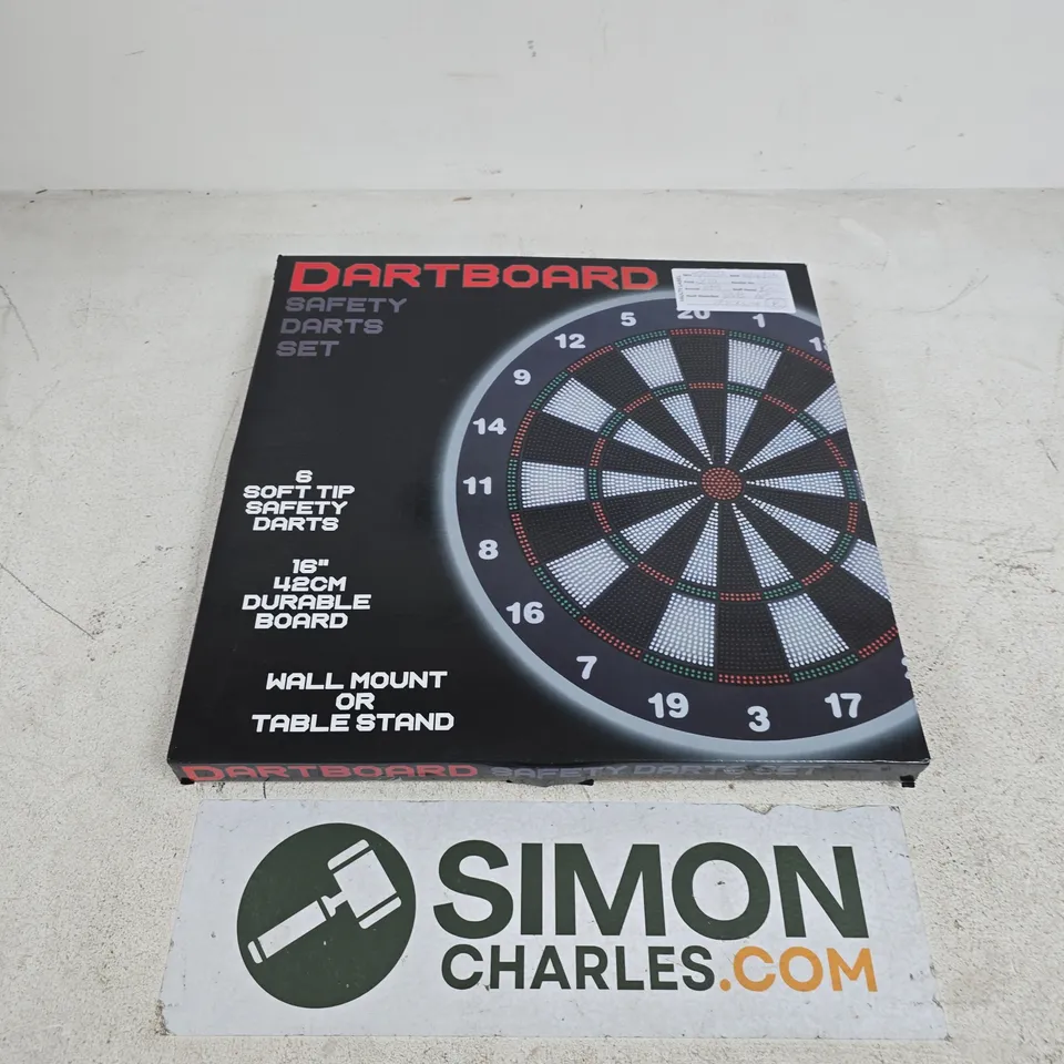 DARTBOARD SAFETY DARTS SET – 16" DURABLE BOARD, WALL MOUNT OR TABLE STAND, BOXED