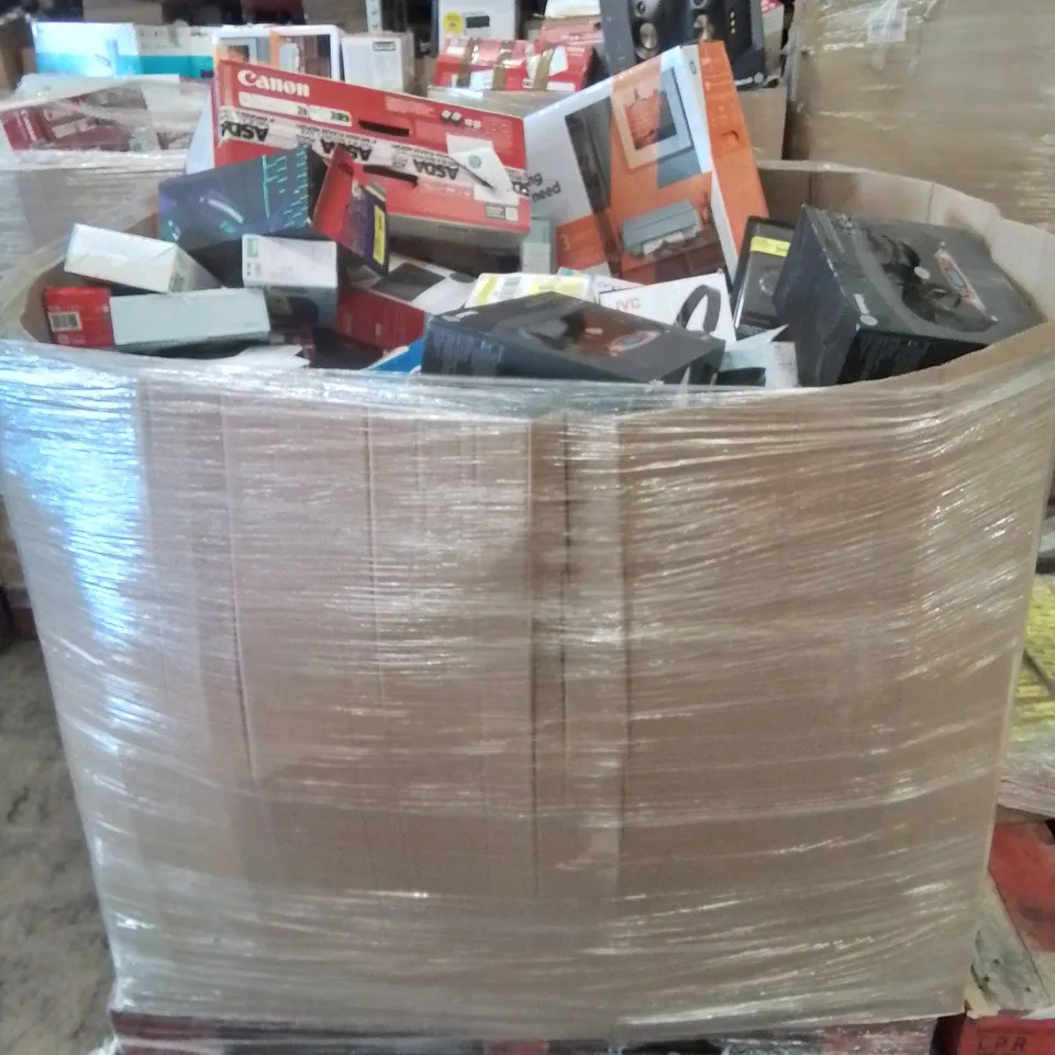 PALLET CONTAINING VARIOUS ASSORTED BOXED ELECTRONIC ITEMS TO INCLUDE: SEVERAL PRINTERS, SECURITY CAMERAS, CHARGERS, HEADPHONES, SPEAKERS ETC.