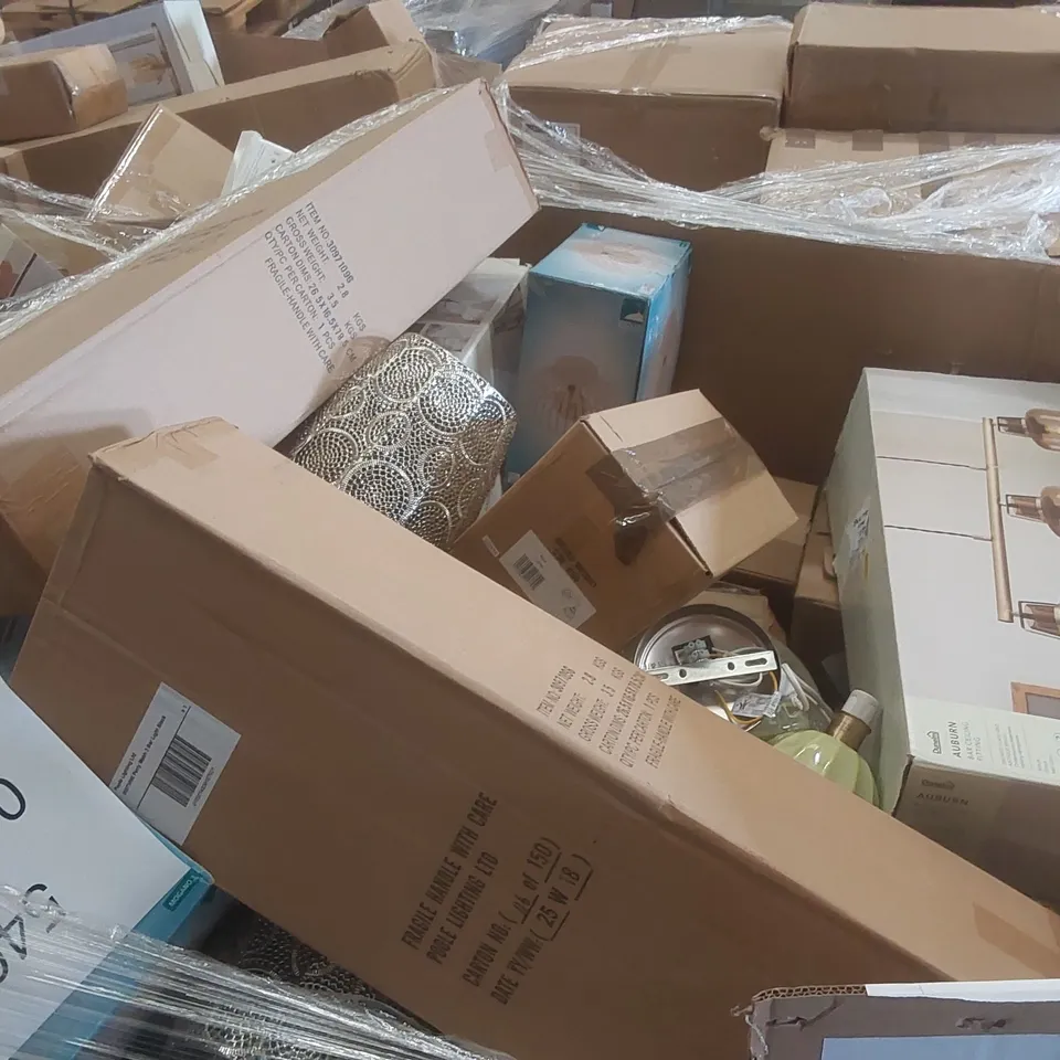 PALLET CONTAINING A VERY LARGE QUANTITY OF ASSORTED DESIGNER LIGHTING PRODUCTS INCLUDING: AMALFI TABLE LAMPS, CEILING LIGJT, PORTIA FLOOR LAMP, BAR LIGHT ECT