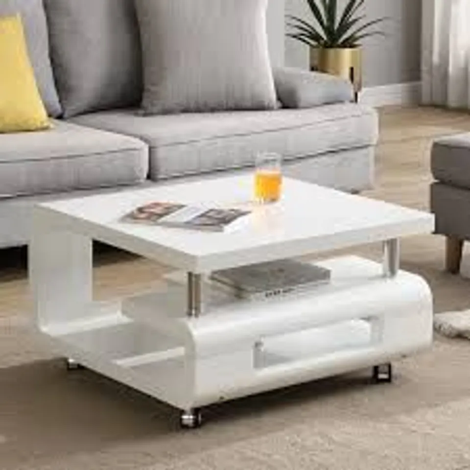 BOXED ALENA SQUARE HIGH GLOSS COFFEE TABLE IN WHITE WITH WHEELS (1 BOX)