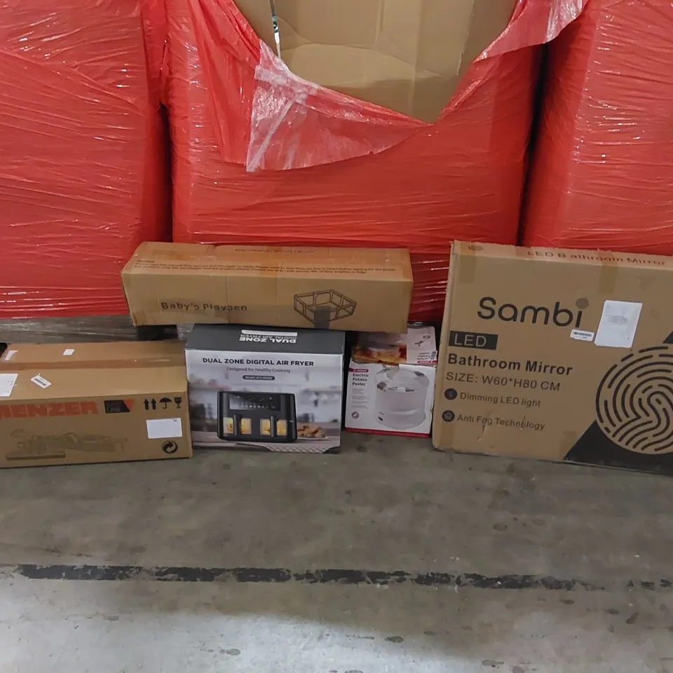 PALLET OF ASSORTED ITEMS INCLUDING: AIR FRYER, MENZER UNIVERSAL SANDER, SAMBI LED BATHROOM MIRROR, ELECTRIC POTATO PEELER, BABY PLAYPEN