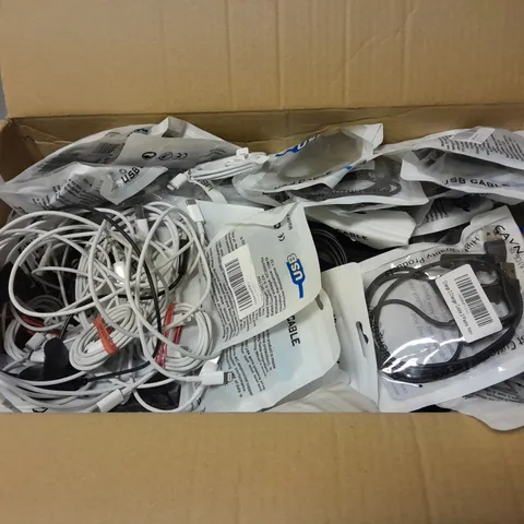 BOX OF ASSORTED CABLES/CHARGERS TO INCLUDE IPHONE, CABLE PACKS, AND USB CABLE ECT.