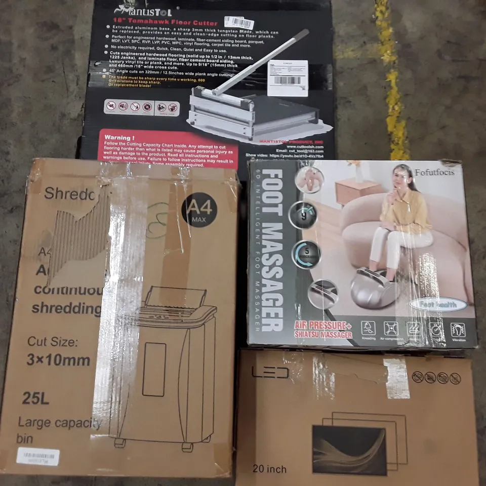 PALLET TO CONTAIN AN ASSORTMENT OF HOUSEHOLD ITEMS TO INCLUDE A4 PAPER SHREDDER, FOOT MASSAGER, LED MONITOR AND VINYL FLOOR ECT