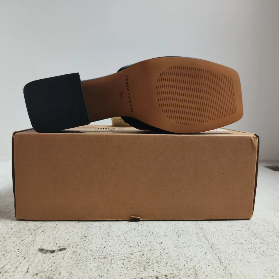 BOXED PAIR OF AMAZON ESSENTIALS WOMEN'S PLATFORM MULE SANDALS IN BLACK FAUX LEATHER SIZE UK 6
