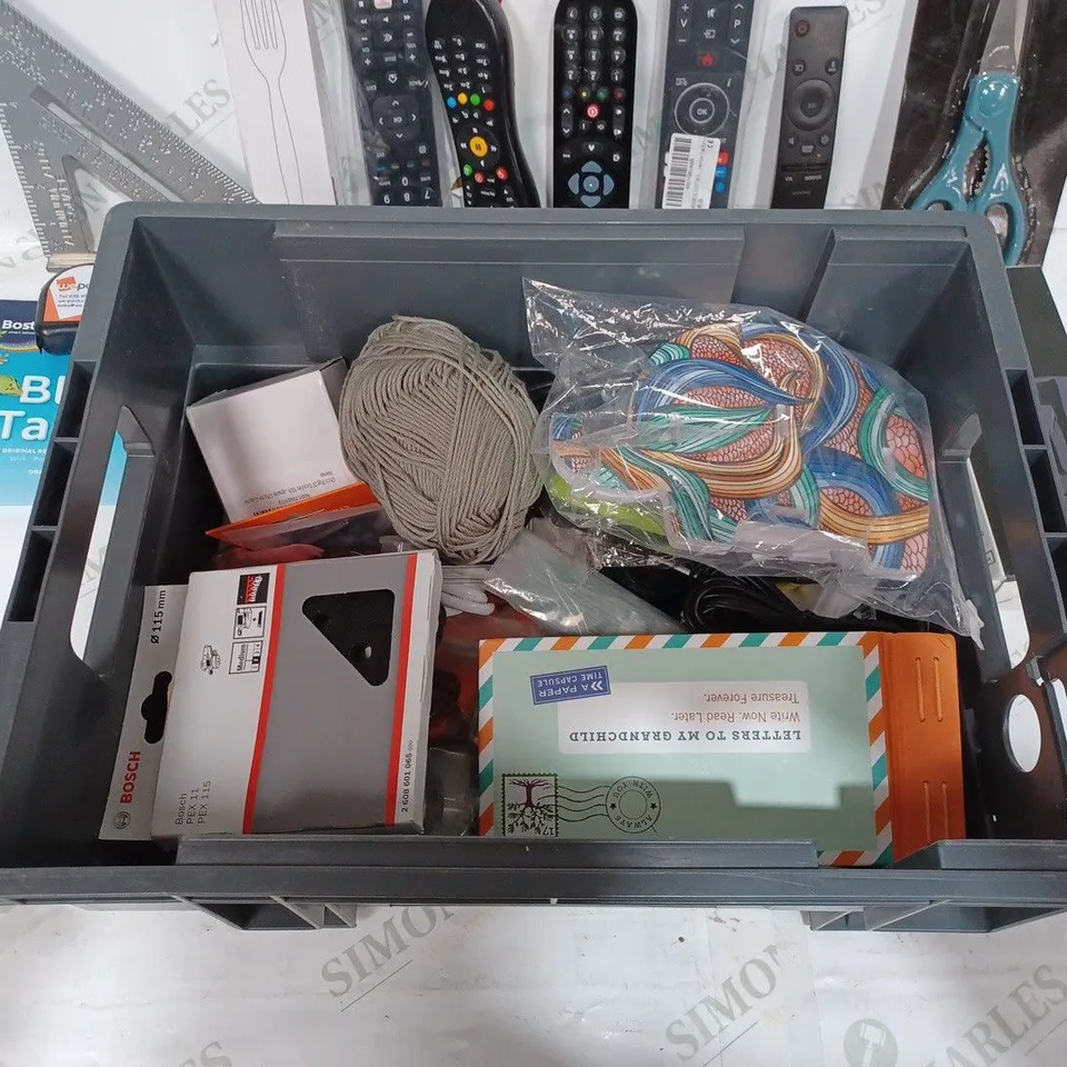 BOX TO CONTAIN APPROX. 25 X ASSORTED HOUSEHOLD PRODUCTS. INCLUDES TV REMOTES, PENS, SCISSORS, BLUE TACK ETC 