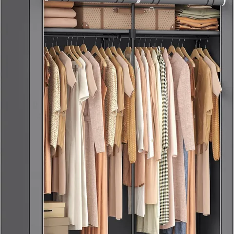 BOXED SONGMICS CLOTHES WARDROBE, PORTABLE FABRIC WARDROBE WITH 2 HANGING RAILS - GREY