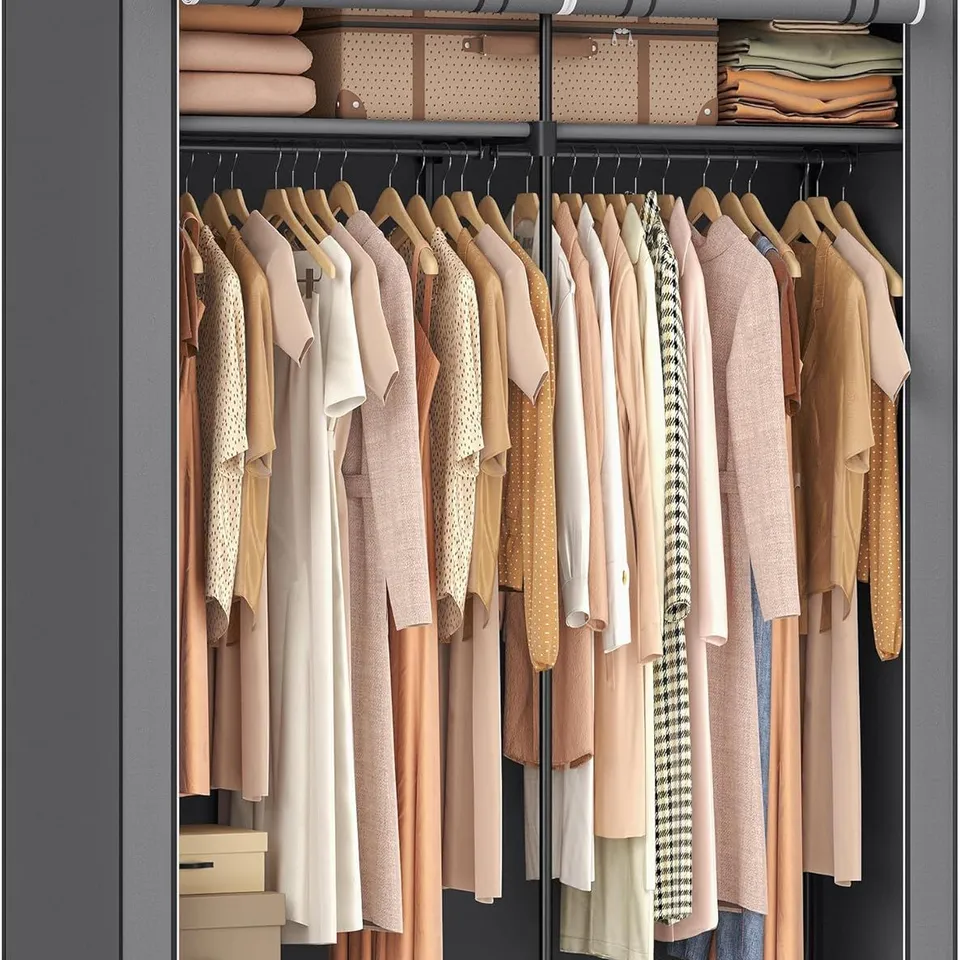 BOXED SONGMICS CLOTHES WARDROBE, PORTABLE FABRIC WARDROBE WITH 2 HANGING RAILS - GREY