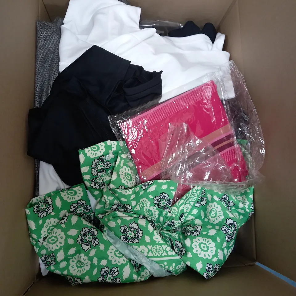 BOX OF ASSORTED CLOTHING ITEMS TOO INCLUDE JUMPERS, SHIRTS AND TROUSERS IN VARIOUS SIZES AND COLOURS   