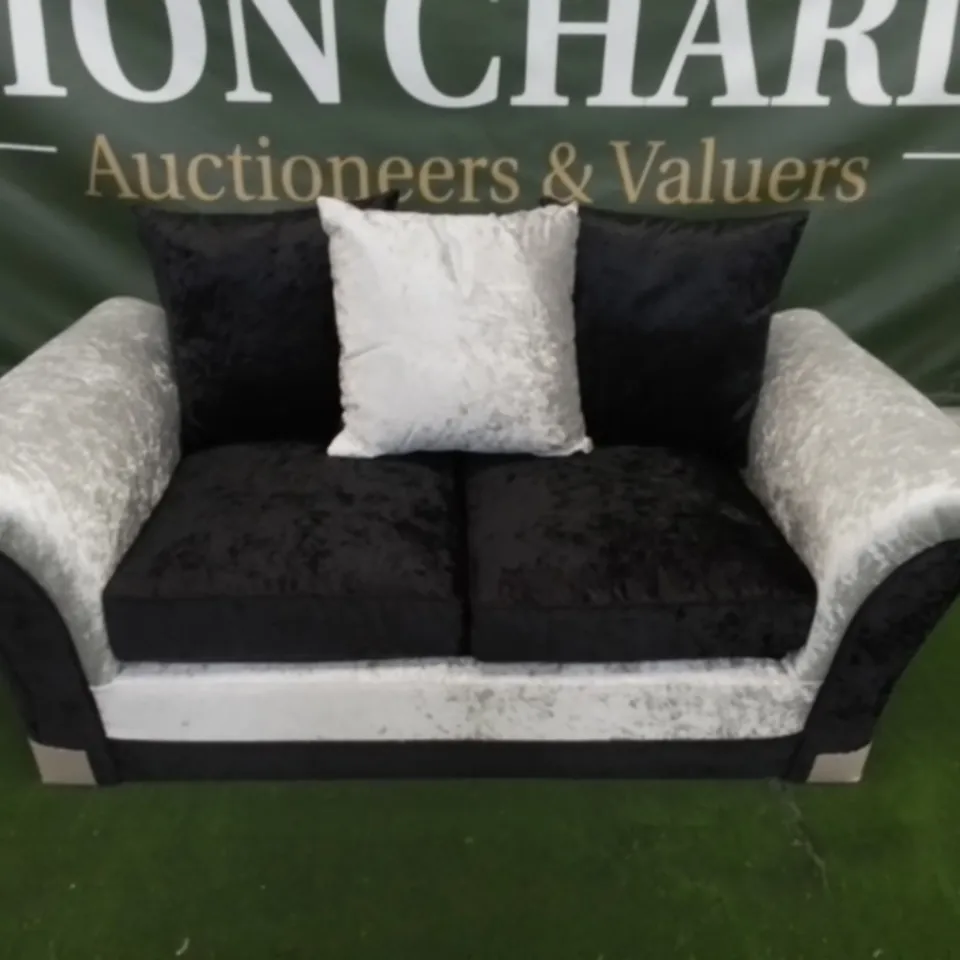 DESIGNER ZULU SILVER AND BLACK CRUSHED VELVET TWO SEATER SOFA