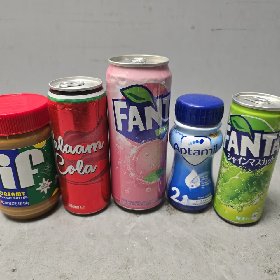 APPROXIMATELY 13 ASSORTED FOOD & DRINK ITEMS TO INCLUDE - FANTA , JIF , SALAAM COLA ETC