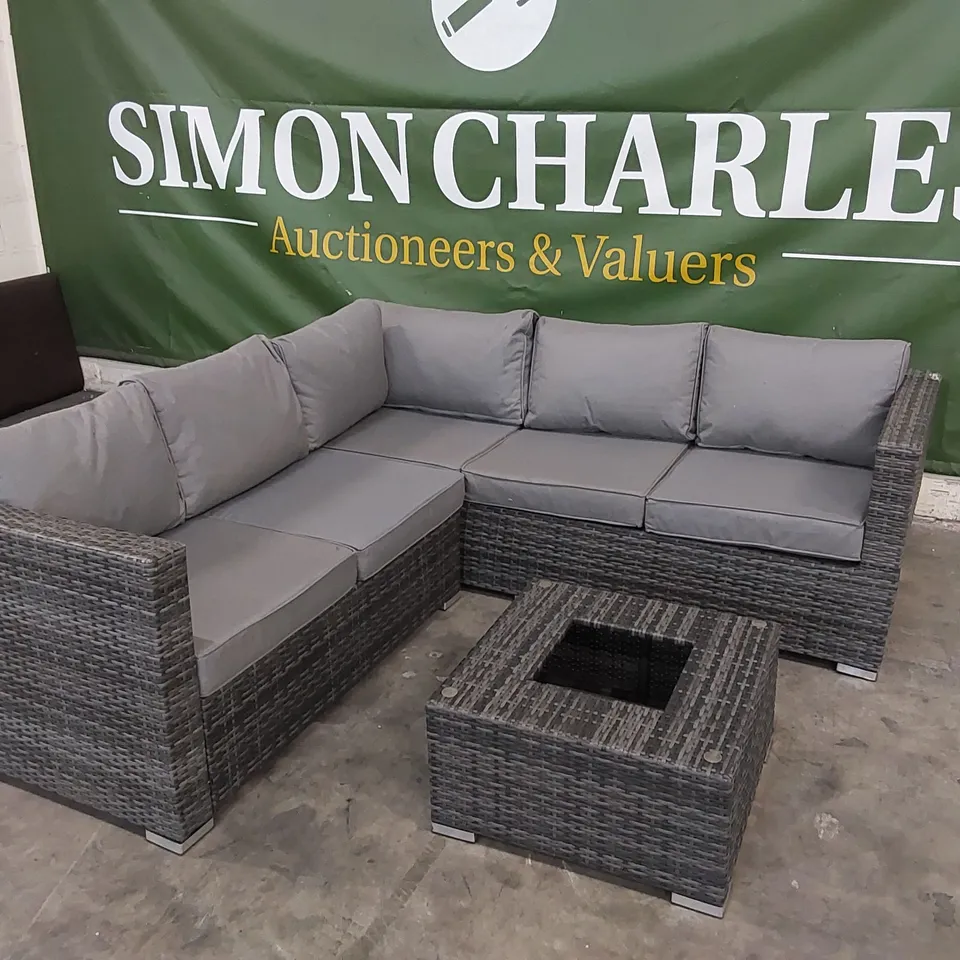 GREY RATTAN CORNER SOFA - MISSING GLASS FROM TABLE (3 ITEMS)