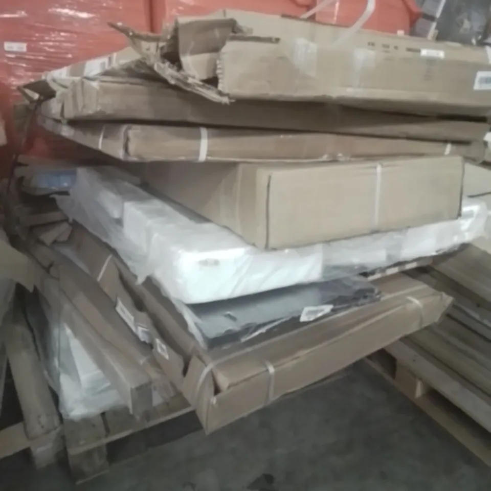 PALLET OF ASSORTED BATHROOM FITTINGS INCLUDING, ONEGA SHOWER GLASS PANEL, BELOYA 90 × 100cm OFFSET QUADRANT SHOWER CUBICLE, SHOWER TRAY, 9FFSET QUADRANT 6 SHOWER CUBICLE.