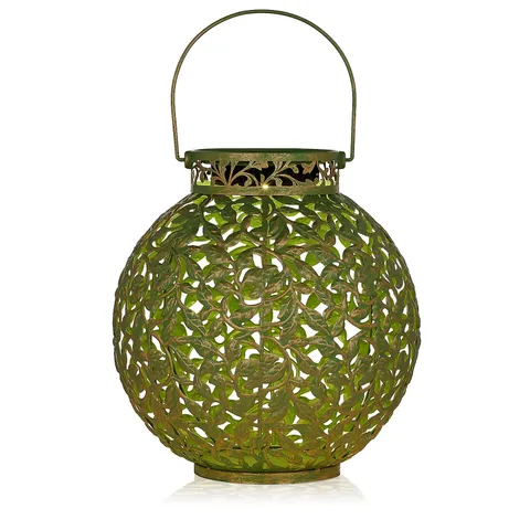 GARDEN STORIES OUTDOOR SOLAR LEAF PATTERN ROUND LANTERN GREEN