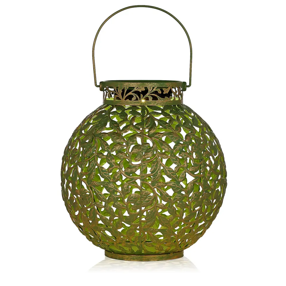 GARDEN STORIES OUTDOOR SOLAR LEAF PATTERN ROUND LANTERN GREEN