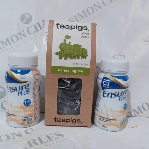 APPROXIMATELY 10 ASSORTED FOOD & DRINK ITEMS TO INCLUDE TEAPIGS TEA TEMPLES, ABBOT ENSURE PLUS DRINK, ETC