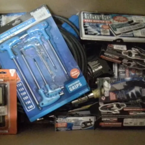 MIXED BOX OF TOOLS TO INCLUDE: POCKET KNIFE, TORX WRENCH KIT, HAND RIVETER KIT, LED WORK LIGHT, AIR DIE GRINDER ECT.