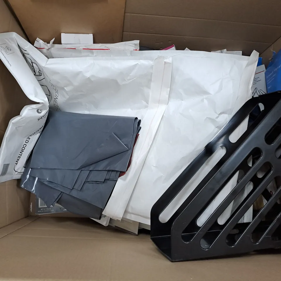 LARGE BOX OF ASSORTED OFFICE EQUIPMENT TOO INCLUDE STORAGE CONTAINERS , PAPER CLIPS , POSTAL BAGS , ETC 