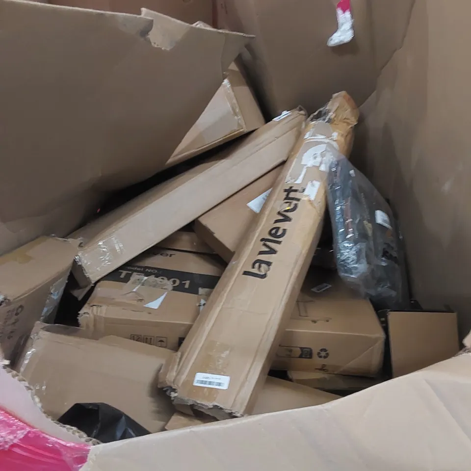 PALLET OF ASSORTED HOUSEHOLD ITEMS AND CONSUMER PRODUCTS TO INCLUDE; TV STANDS, ELECTRIC SANDER, KIDS TRICYCLE, BOXED FURNITURE ETC