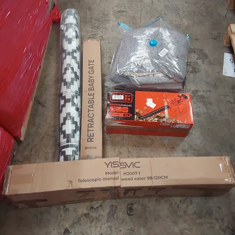 PALLET OF ASSORTED ITEMS INCLUDING: BLACK + DECKER LEAF BLOWER, MANUAL WEED EATER, RETRACTABLE BABY GATE, RUG ECT