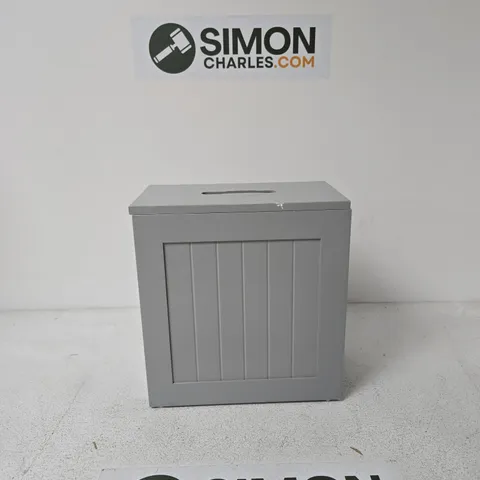 GREY COMPACT STORAGE CABINET WITH VERTICAL PANEL FRONT AND TOP SLOT