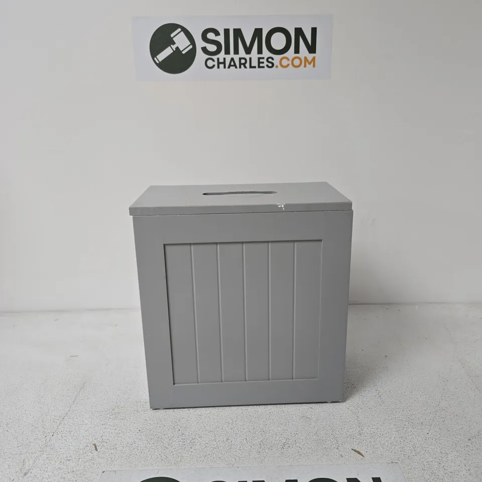 GREY COMPACT STORAGE CABINET WITH VERTICAL PANEL FRONT AND TOP SLOT