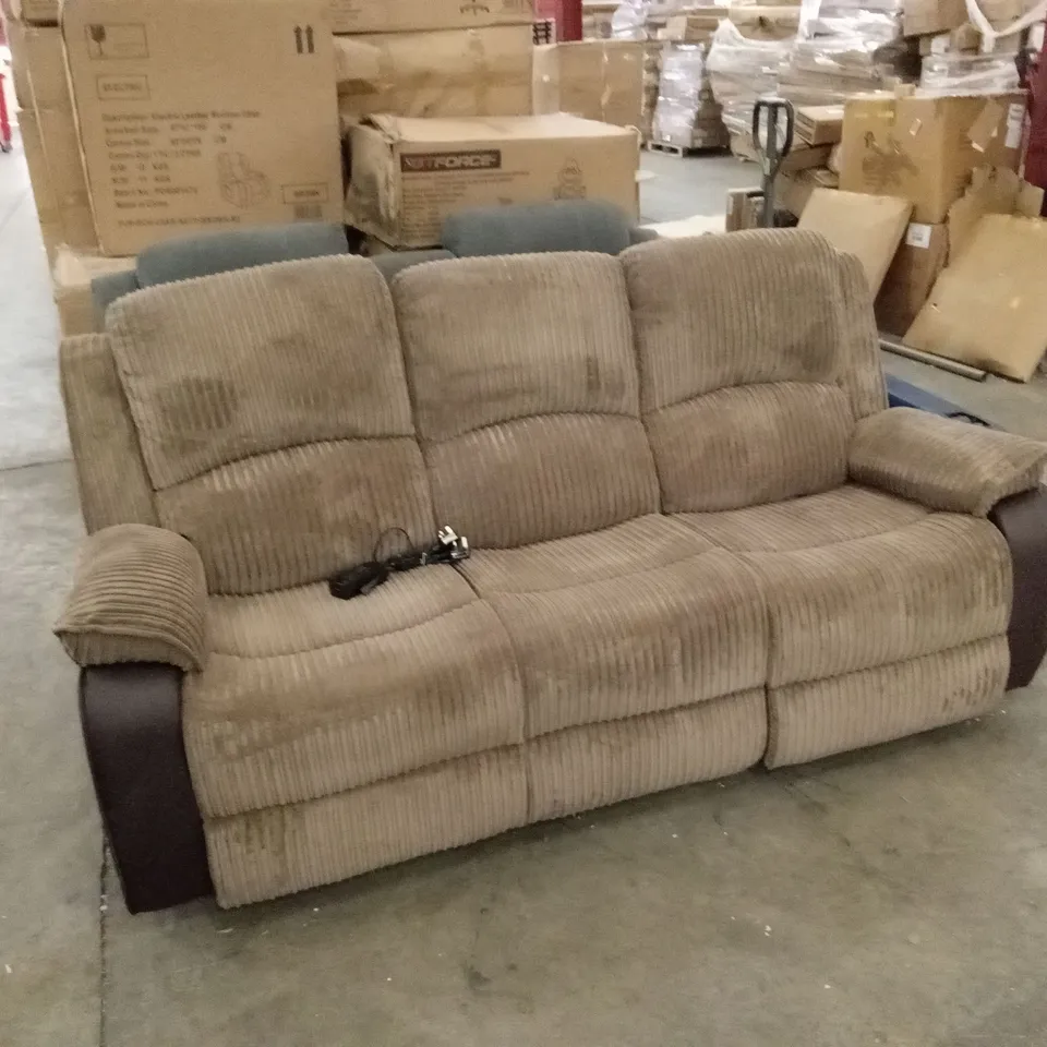 DESIGNER 3 SEATER BROWN FAUX LEATHER & CORDUROY FABRIC ELECTRIC RECLINER SOFA 