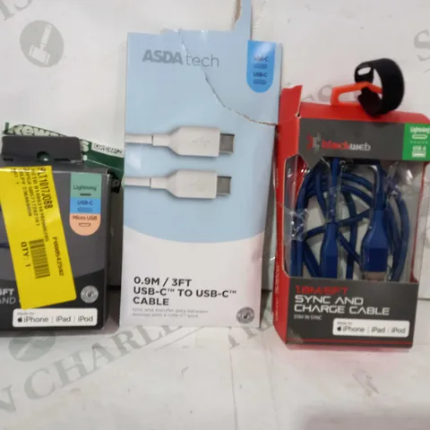 BOX OF APPROXIMATELY 10 ASSORTED ELECTRICAL ITEMS TO INCLUDE BLACKWEB SYNC AND CHARGE CABLE, ASDA TECH USB-C TO USB-C CABLE, ASDA TECH SYNC AND CHARGE CABLE, ETC