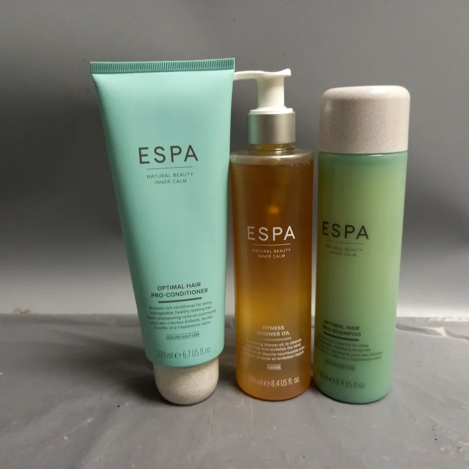 3 ESPA BEAUTY PRODUCTS TO INCLUDE OPTIMAL HAIR PRO-CONDITIONER 200ML , OPTIMAL HAIR PRO-SHAMPOO 250ML, FITNESS SHOWER OIL 250ML  