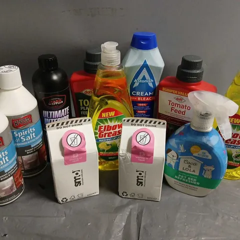 10 ASSORTED LIQUIDS TO INCLUDE ELBOR GREASE WASHING UP LIQUID (600ml), DOFF TOMATO FEED (600ml), ASTONISH CREAM WITH BLEACH (500ml), ETC - COLLECTION ONLY