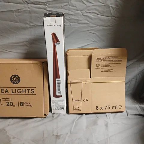 BOX OF APPROXIMATELY 15 ASSORTED HOUSEHOLD ITEMS TO INCLUDE LED DESK LAMP, PACK OF TEALIGHTS AND PACKAGING BOXES