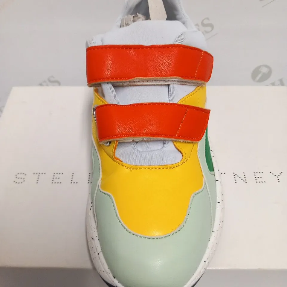 BOXED PAIR OF STELLA MCCARTNEY KIDS MULTICOLOUR TRAINERS WITH STRAPS SIZE 34