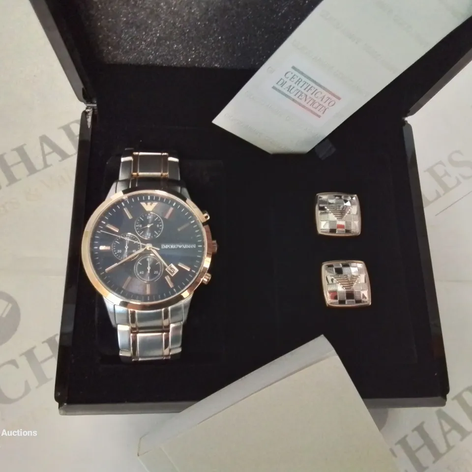 BOXED EMPORIO ARMANI WATCH AND CUFFLINKS SET 