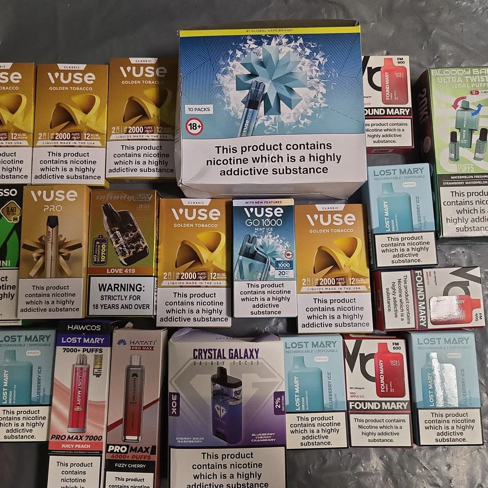 APPROXIMATELY 35 ASSORTED E-CIGARETTE PRODUCTS TO INCLUDE - FOUND MARY AND VUSE