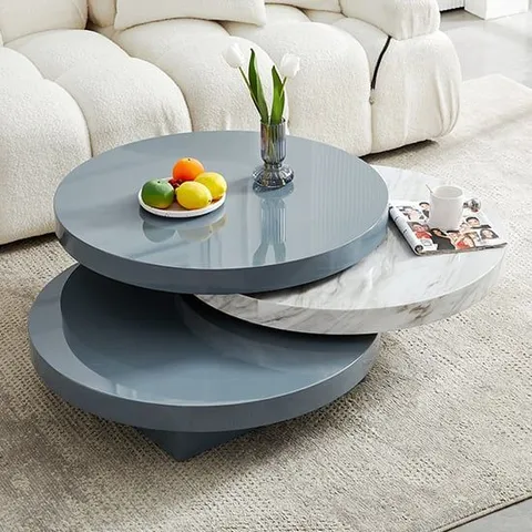 BRAND NEW BOXED TRIPLO GREY GLOSS COFFEE ROTATING COFFEE TABLE WITH MAGNESIA PRINT (2 BOXES)