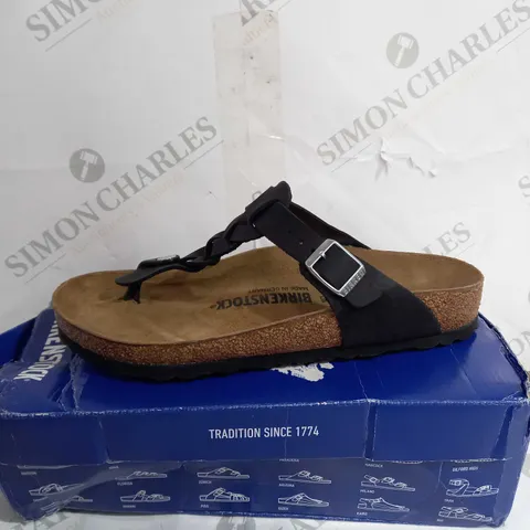 BOXED BIRKENSTOCK GIZEH BRAIDED LEOI SANDALS, BLACK - SIZE 7