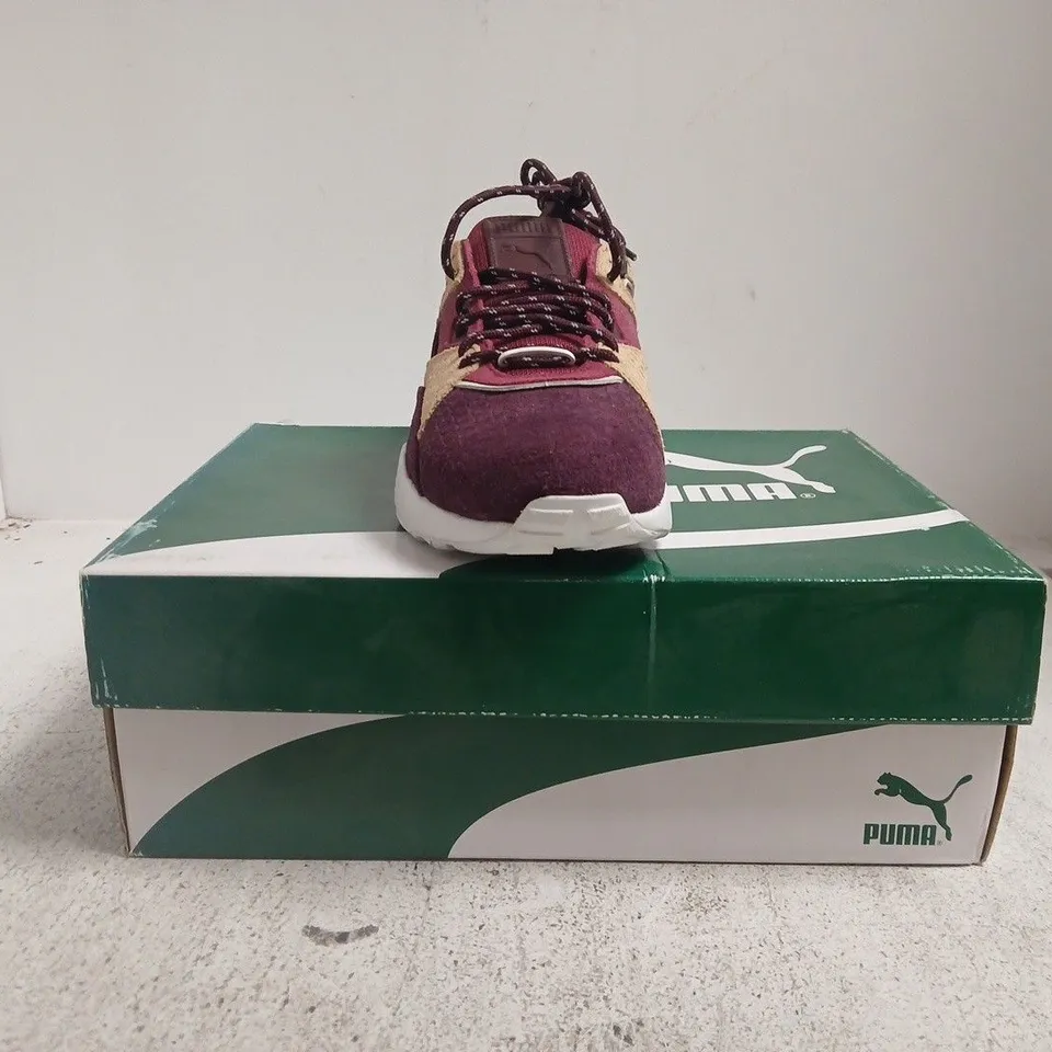BOXED PAIR OF PUMA BOG SOCK RIOJA TRAINERS IN WINE SIZE UK 7