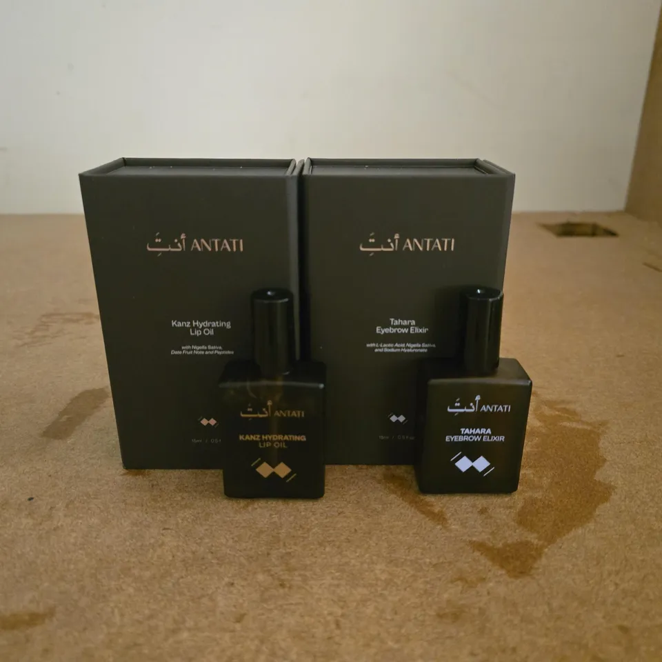 LOT OF 2 BOXED ANTATI BEAUTY ITEMS INCLUDES TAHARA EYEBROW ELIXIR AND KANZ HYDRATING LIP OIL