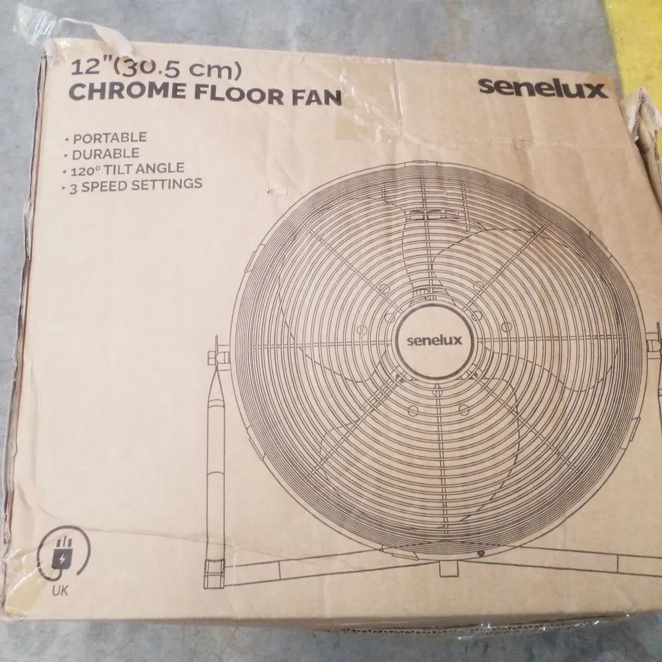 BOXED SENELUX 12" CHROME FLOOR FAN
