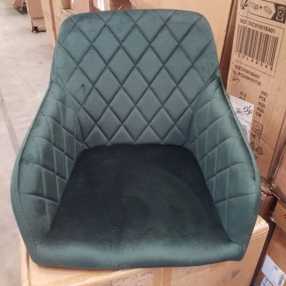 BOXED PAIR OF SOFT VELVET UPHOLSTERED GREEN SIDE/DINING CHAIRS.