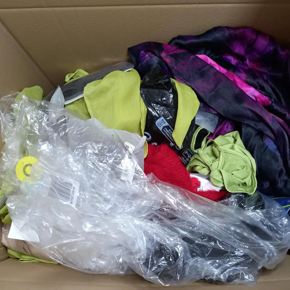 LARGE BOX OF ASSORTED CLOTHING ITEMS IN VARIOUS COLOURS AND SIZES INCLUDING TROUSERS , TOPS AND JUMPERS 