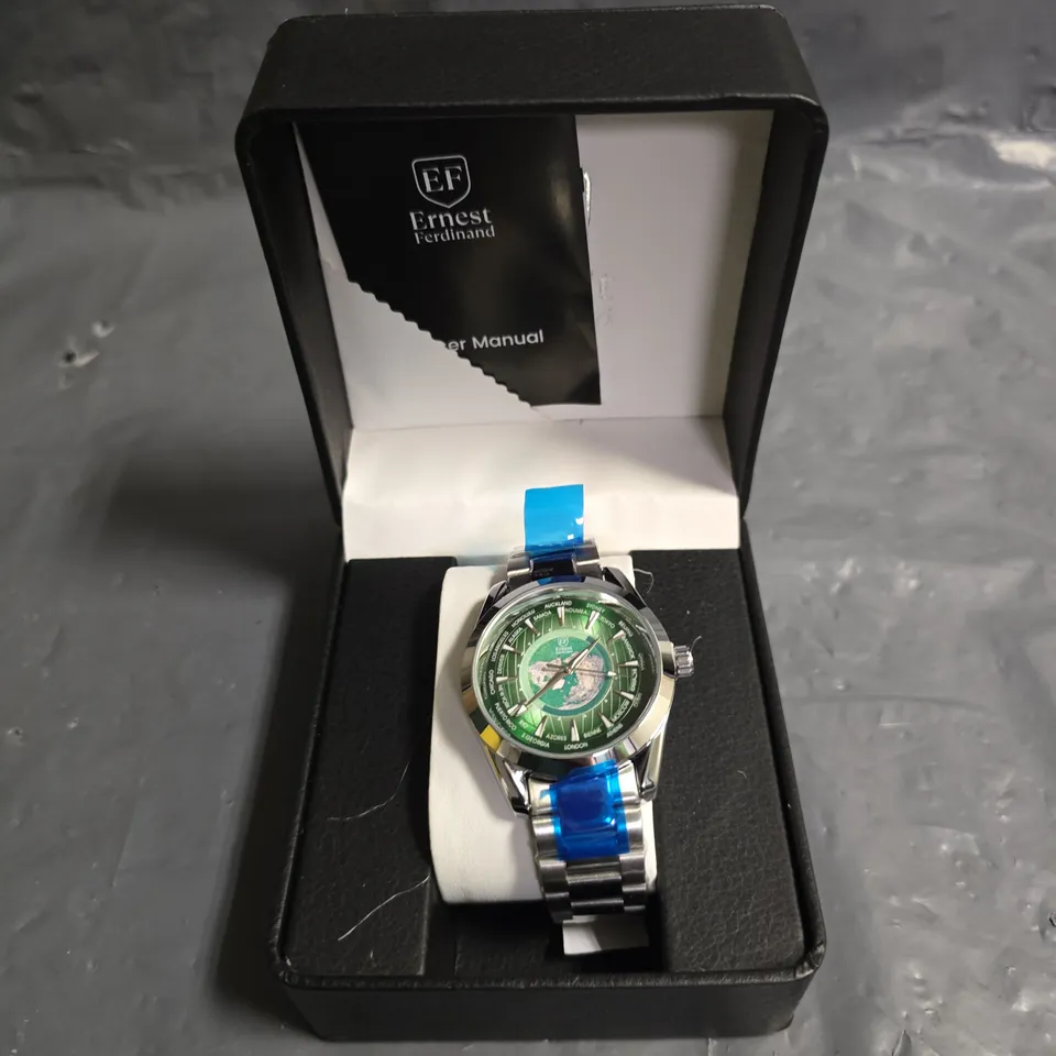 ERNEST FERDINAND STAINLESS STEEL GREEN DIAL WORLD MAP WATCH WITH METAL STRAP