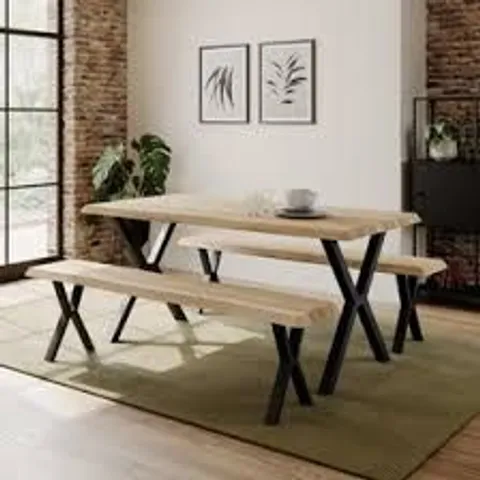 BOXED EZRA II 6 SEATER RECTANGULAR DINING TABLE WITH 2 BENCHES - LIGHT WOOD EFFECT (2 BOXES)