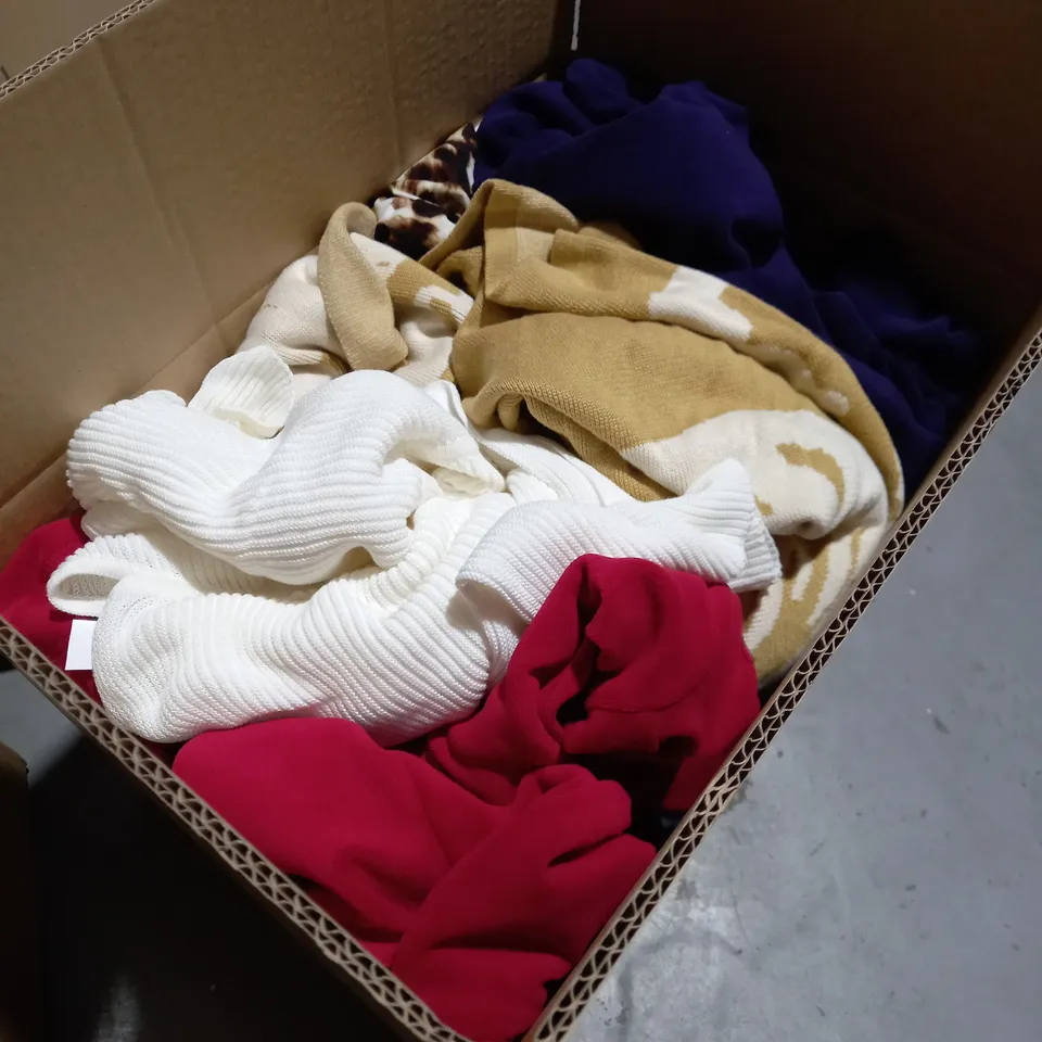 BOX OF APPROXIMATELY 15 ASSORTED CLOTHING ITEMS INCLUDING JUMPERS, TOPS, DRESSES ETC