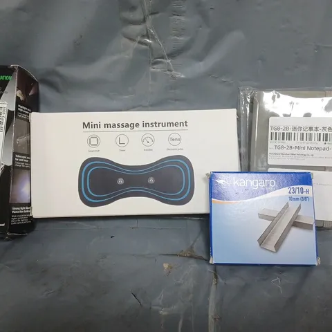 APPROXIMATELY 10 ASSORTED HOUSEHOLD ITEMS TO INCLUDE MINI MASSAGE INSTRUMENT, MINI NOTEPAD, ETC