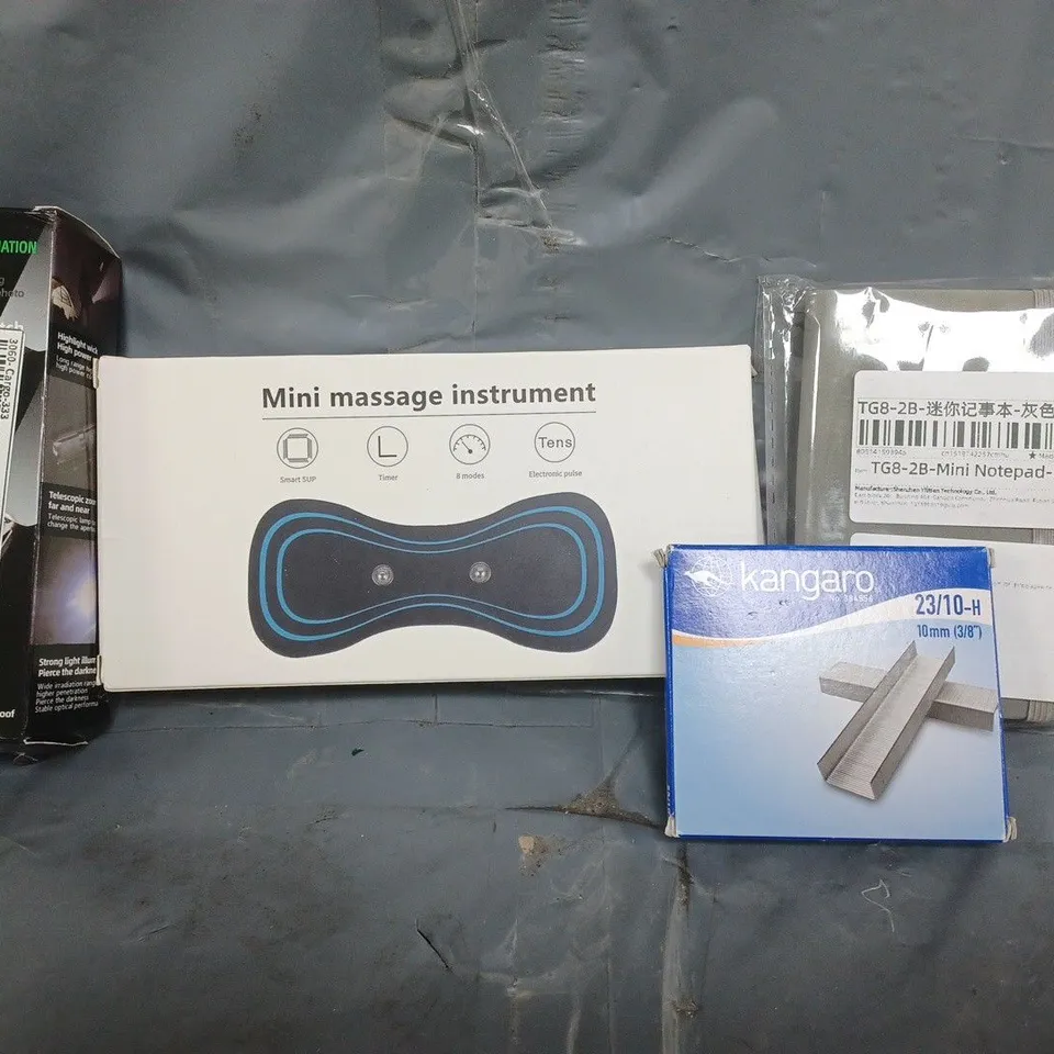 APPROXIMATELY 10 ASSORTED HOUSEHOLD ITEMS TO INCLUDE MINI MASSAGE INSTRUMENT, MINI NOTEPAD, ETC
