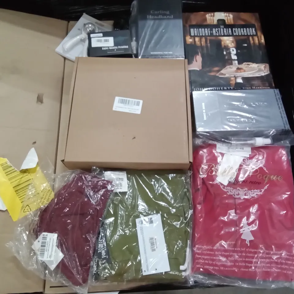 PALLET OF ASSORTED ITEMS INCLUDING CURLING HEADBAND, FORTNIGHT JOGGERS FOR BOYS, WALDORF ASTERIA COOKBOOK, BELLE POQUE OMENS FLARED HIGH SKIRT, OFFICE WORLD INK CARTRIDGES