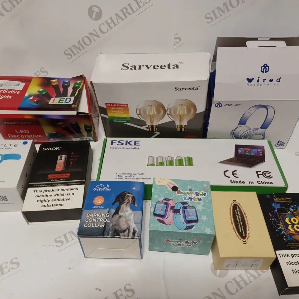 BOX OF APPROXIMATELY 10 ASSORTED HOUSEHOLD & ELECTRICAL PRODUCTS TO INCLUDE DECORATIVE LED LIGHTS, LTE KIDS SMART WATCH, BARKING CONTROL DEVICE ETC  