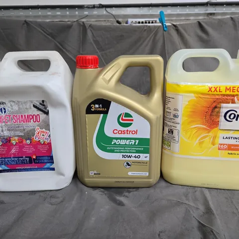 APPROXIMATELY 3 ASSORTED CLEANING PRODUCTS TO INCLUDE - PRO CARPET SHAMPOO - CASTROL POWER 1 MOTORCYCLE ENGINE OIL - COMFORT FABRIC CONDITIONER - COLLECTION ONLY