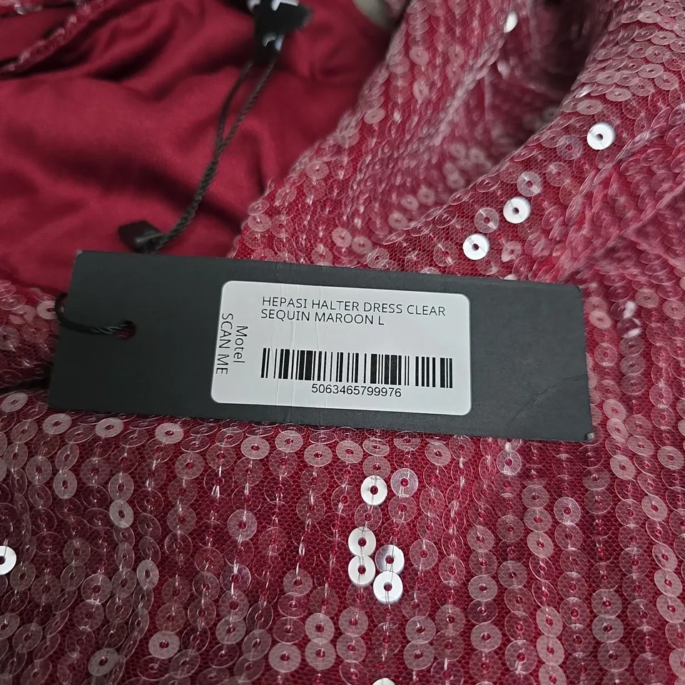 MOTEL HALTER DRESS CLEAR SEQUIN MAROON SIZE L