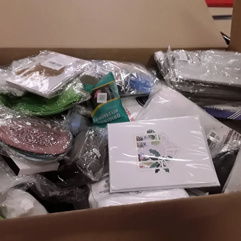 PALLET OF 6 BOXES CONTAINING  ASSORTED PRODUCTS INCLUDING BADGE HOLDER, SOLAR FENCE POST LIGHTS, SCOTLAND CALENDER 2023, FUZZY BUCKET HAT, PARTY SUPPLIES, PILE WEATHER STRIPPING 
